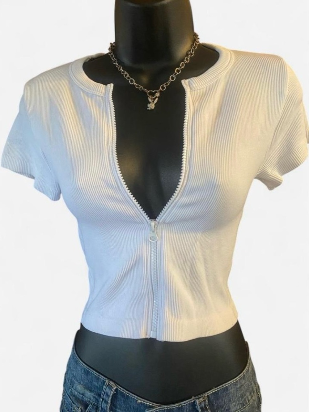 White Ribbed Zip Up Crop Top - Picture 2 of 5